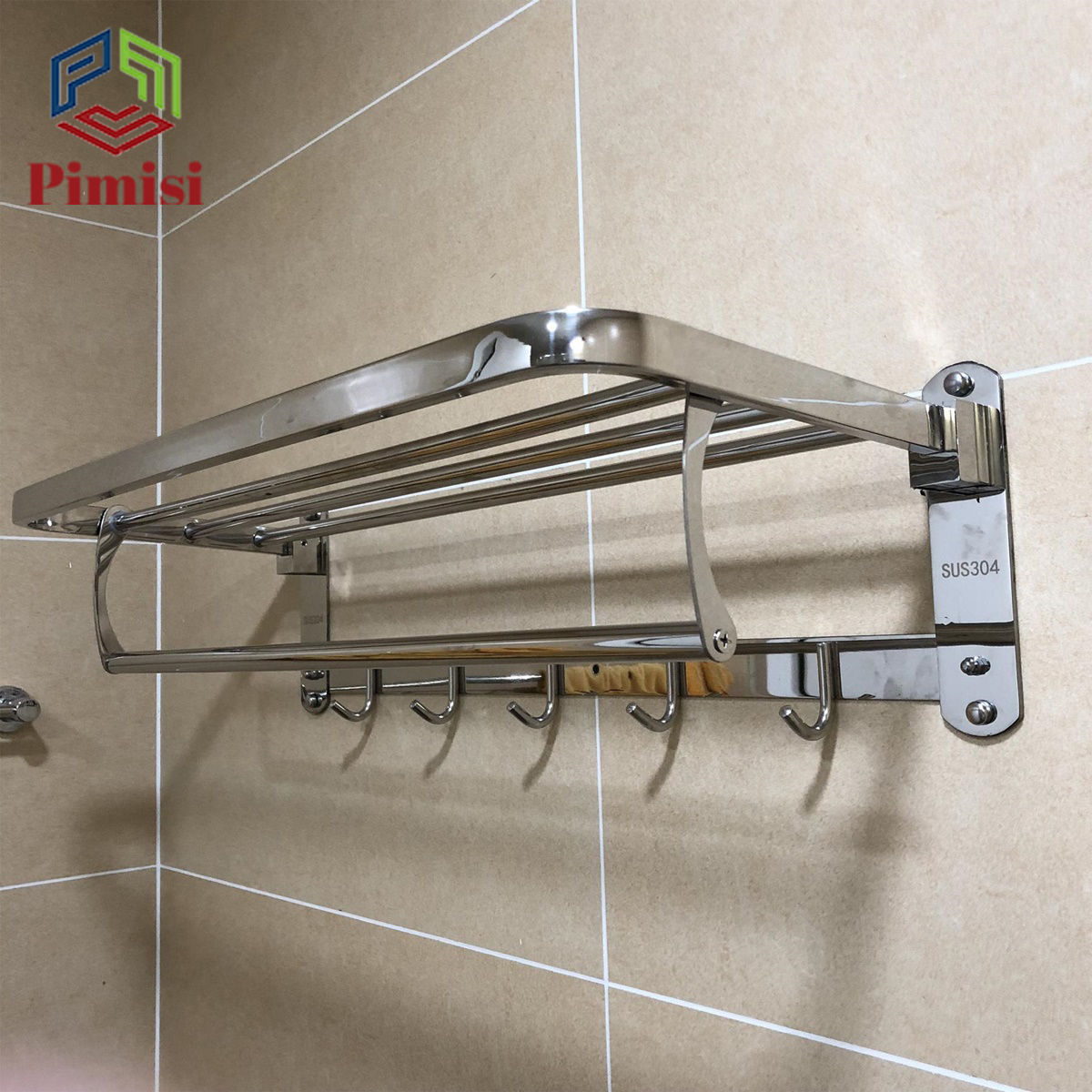 Kệ giá treo khăn tắm dán tường trong nhà vệ sinh Pimisi PR-011WM inox 304 giàn đa năng có kèm keo dán | hàng chính hãng