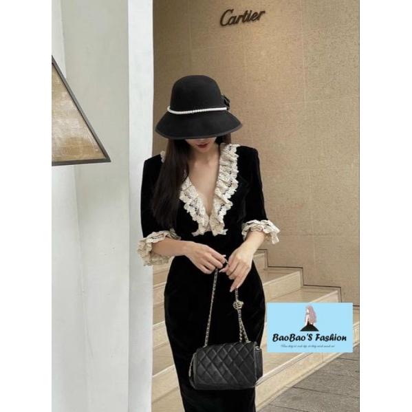 Đầm nhung cách điệu cổ V phối ren