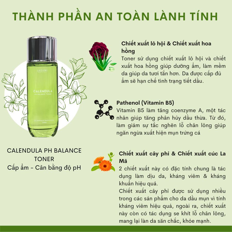 Nước hoa hồng cân bằng pH làm mềm và dịu da Lagumi Calendula 120ml