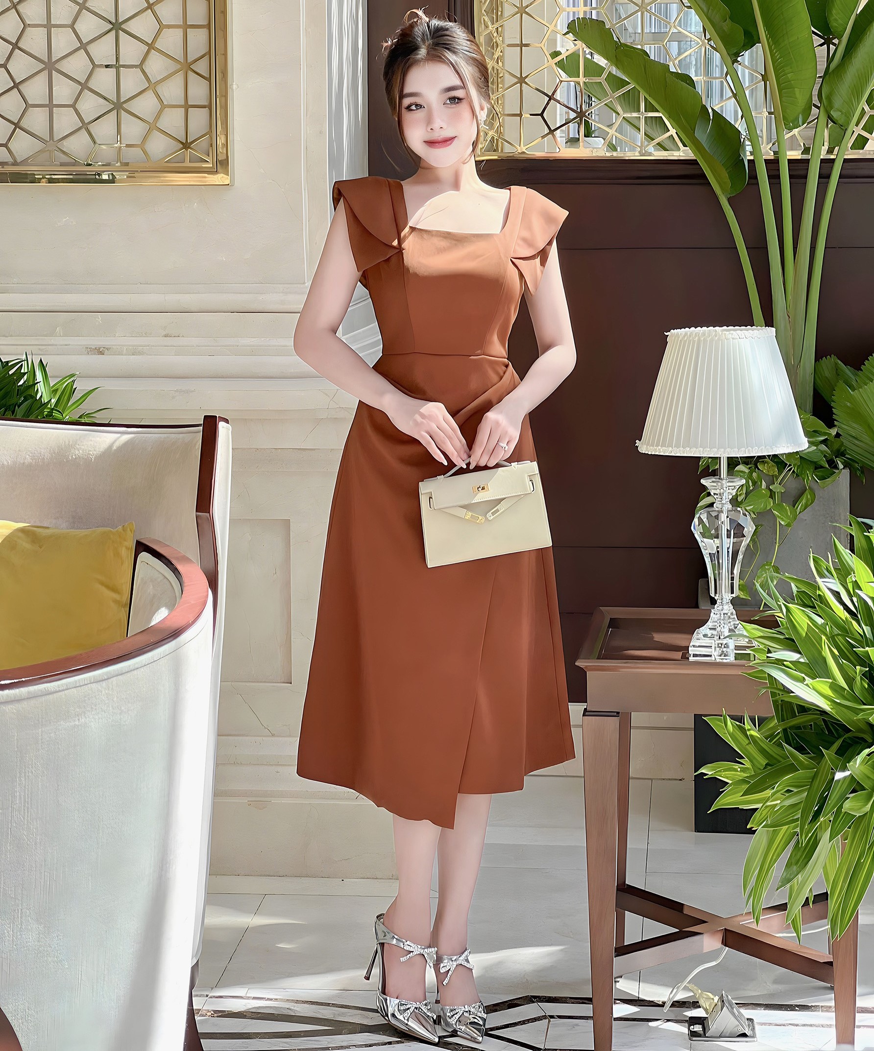 Đầm Thiết Kế MAY O20 Màu Nâu Tây Sang Trọng - Đầm Dự Tiệc Sang Trọng Chuẩn MAY
