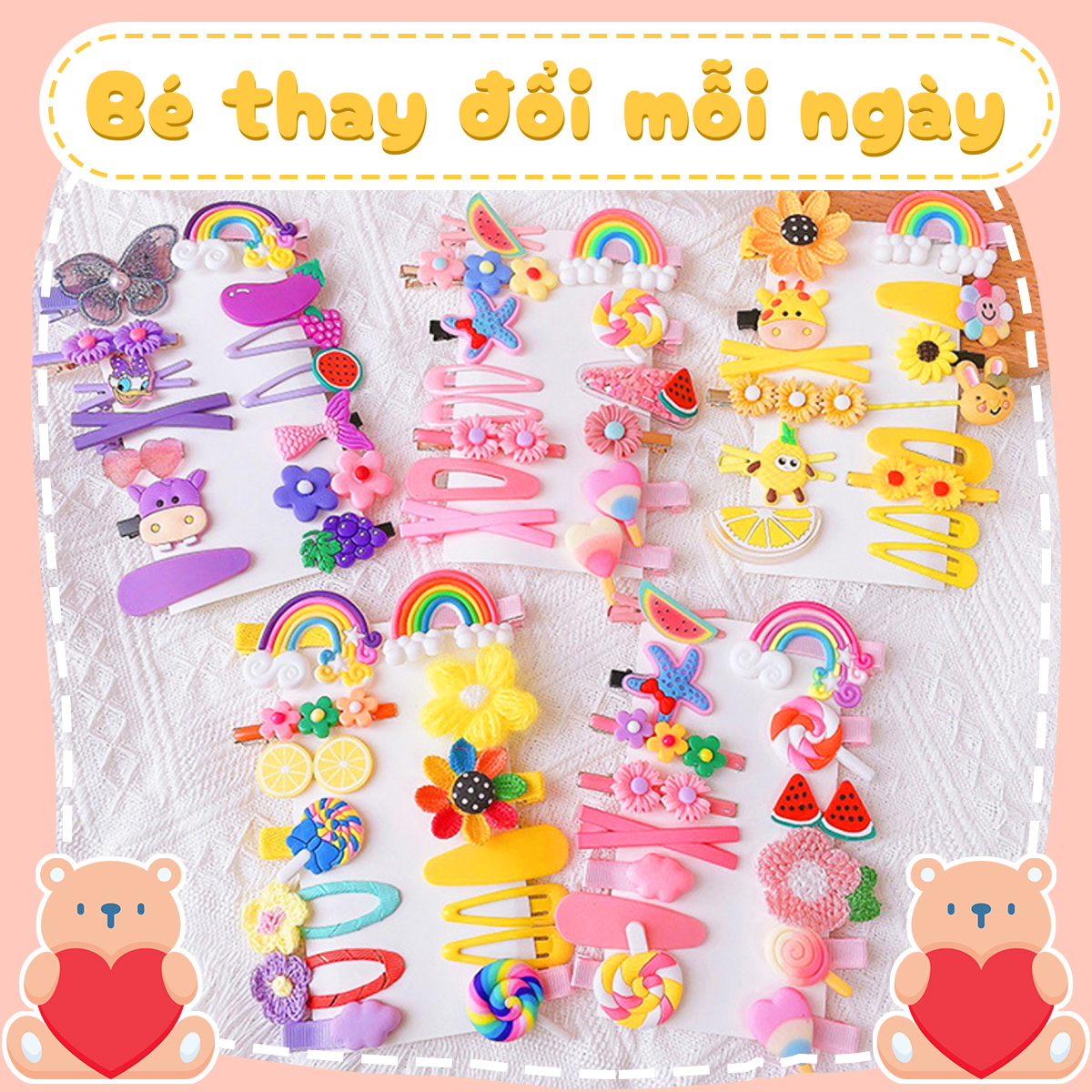 Kẹp tóc cho bé gái, Set 14 kẹp tóc mái cho bé nhiều màu sắc họa tiết dễ thương – SP154