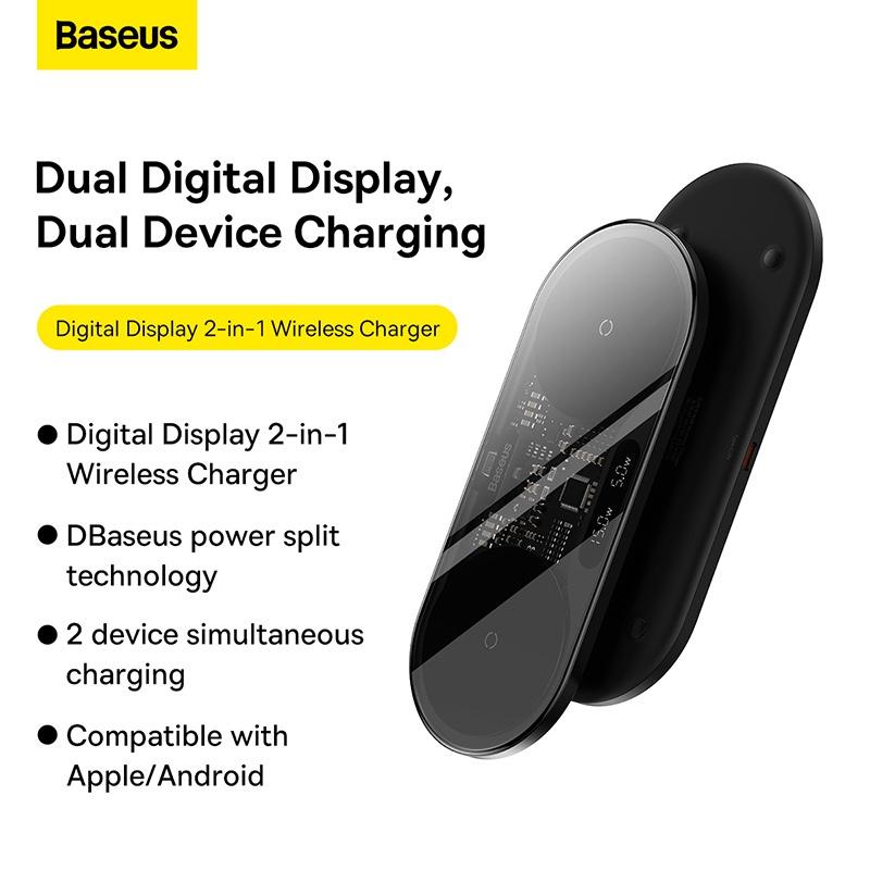 Đế Sạc Nhanh Không Dây Đa Năng Baseus Digital LED Display 2in1 Wireless Charger 20W (Hàng chính hãng)