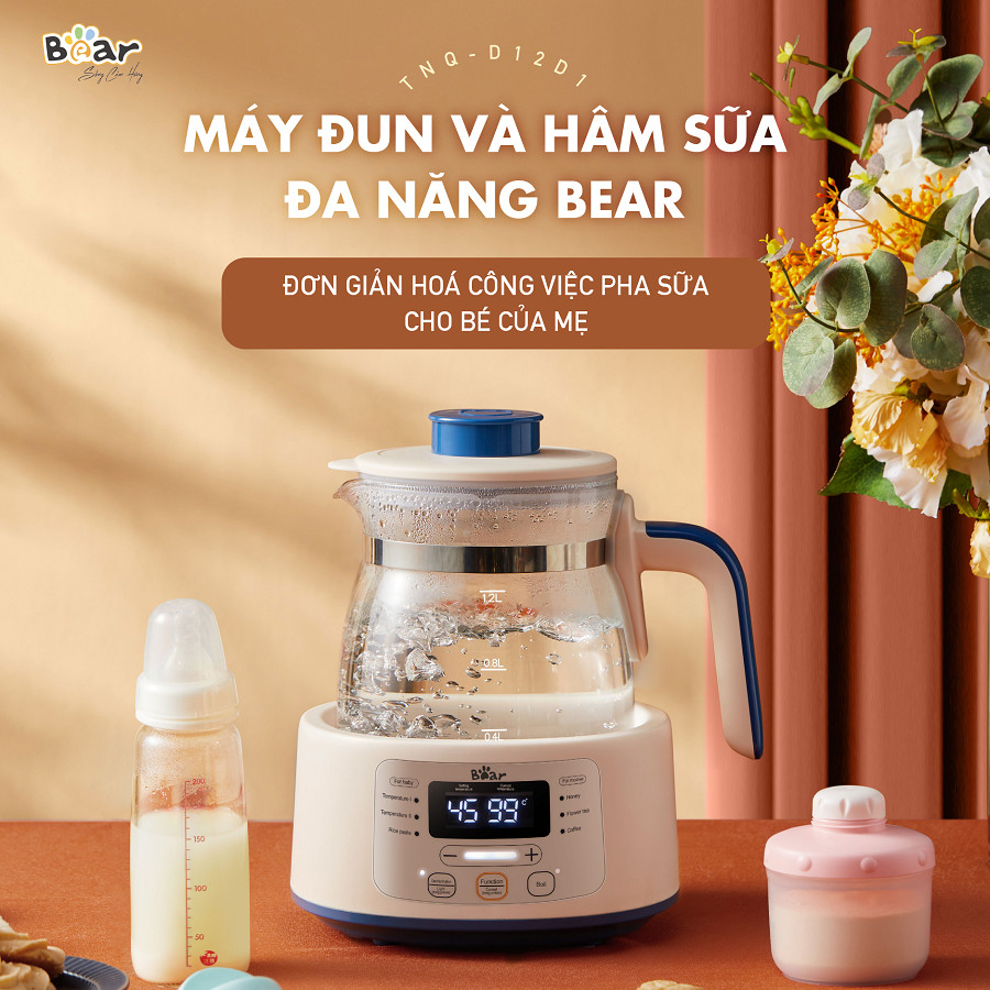 Máy Hâm Sữa Đun Nước Bear Đa Năng Thông Minh Khử Clo Pha Sữa An Toàn Cho Bé - D12D1 - Hàng Chính Hãng Bảo hành 18 Tháng