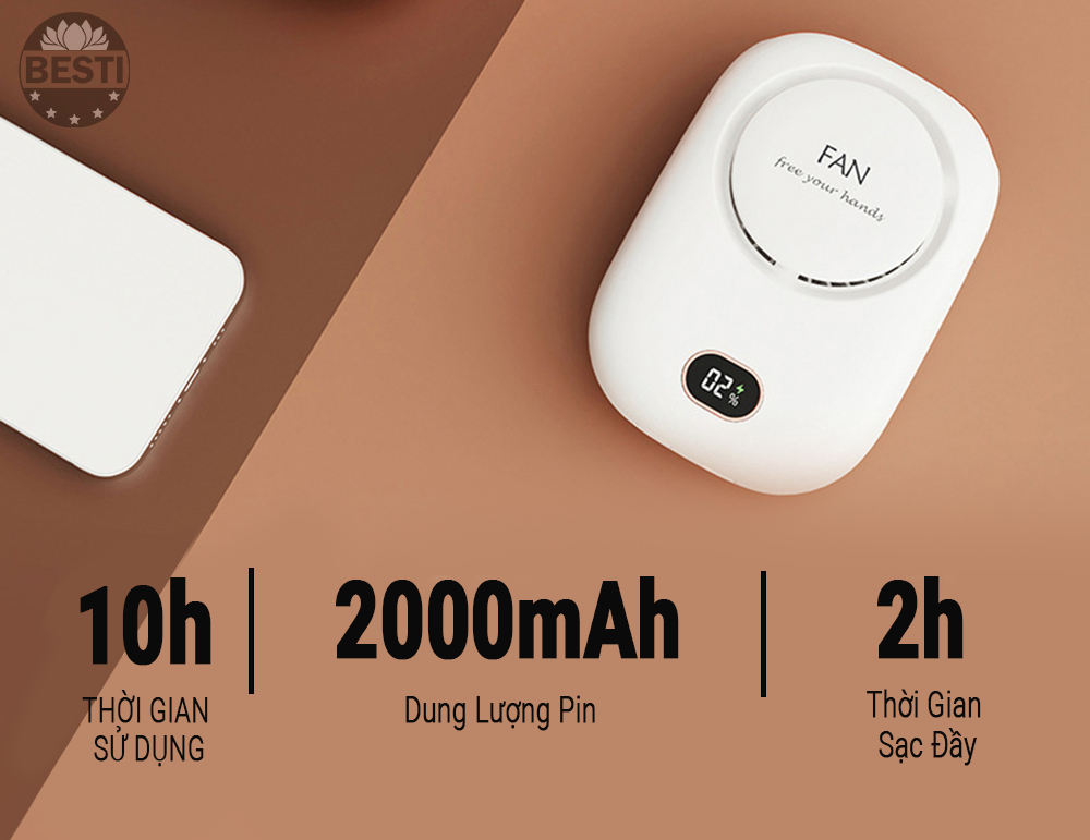 Quạt Mini Tích Điện Đeo Cổ Thời Trang Besti Y01, 3 Tốc Độ Gió Siêu Mát, Chạy Siêu Êm, Dung Lượng Pin 2000mAh, Phù Hợp Khi Chạy Bộ, Đi Du Lịch , Văn Phòng, Đi Chơi- Hàng Chính Hãng