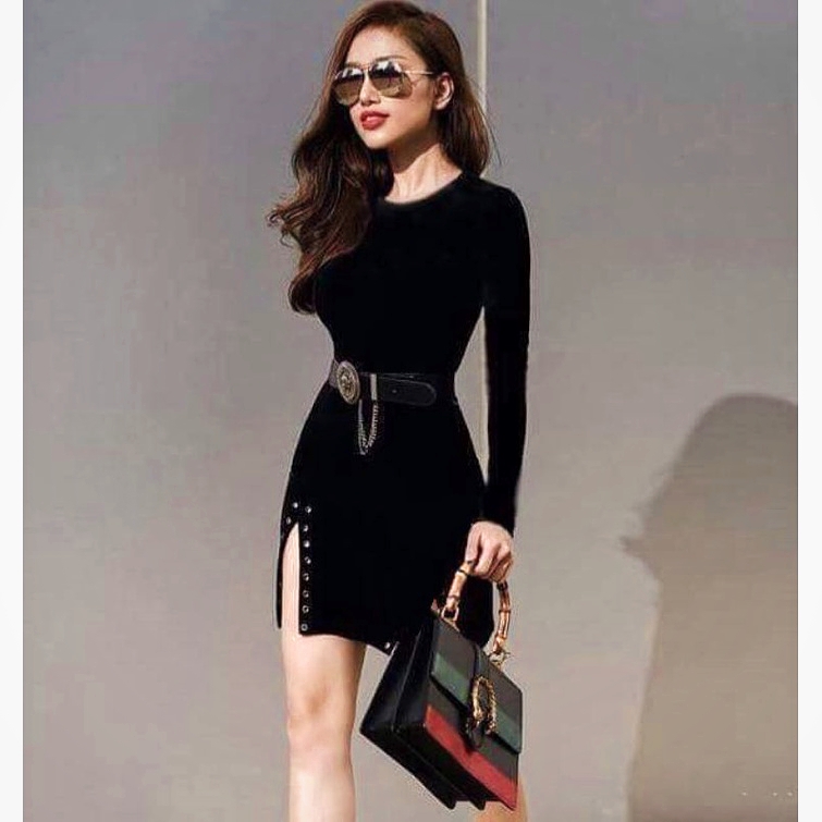 Đầm Body Nữ - Váy Body Cổ Tròn Tay Dài Xẻ Đùi - Loại 1m