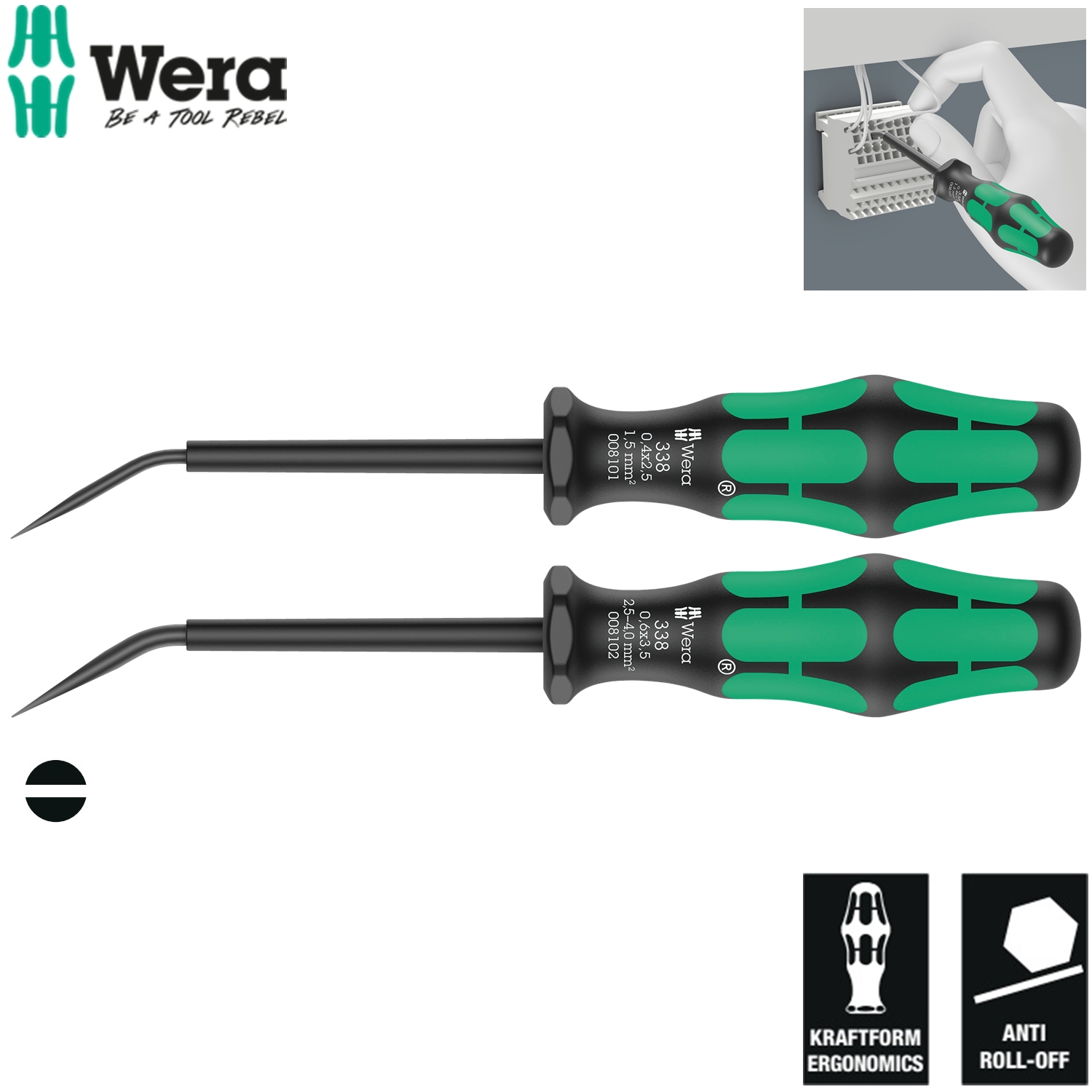 Bộ dụng cụ cho cầu đấu nối dây điện Wera 05008100001 338/2 Set of actuation tools for terminal blocks gồm 2 cái