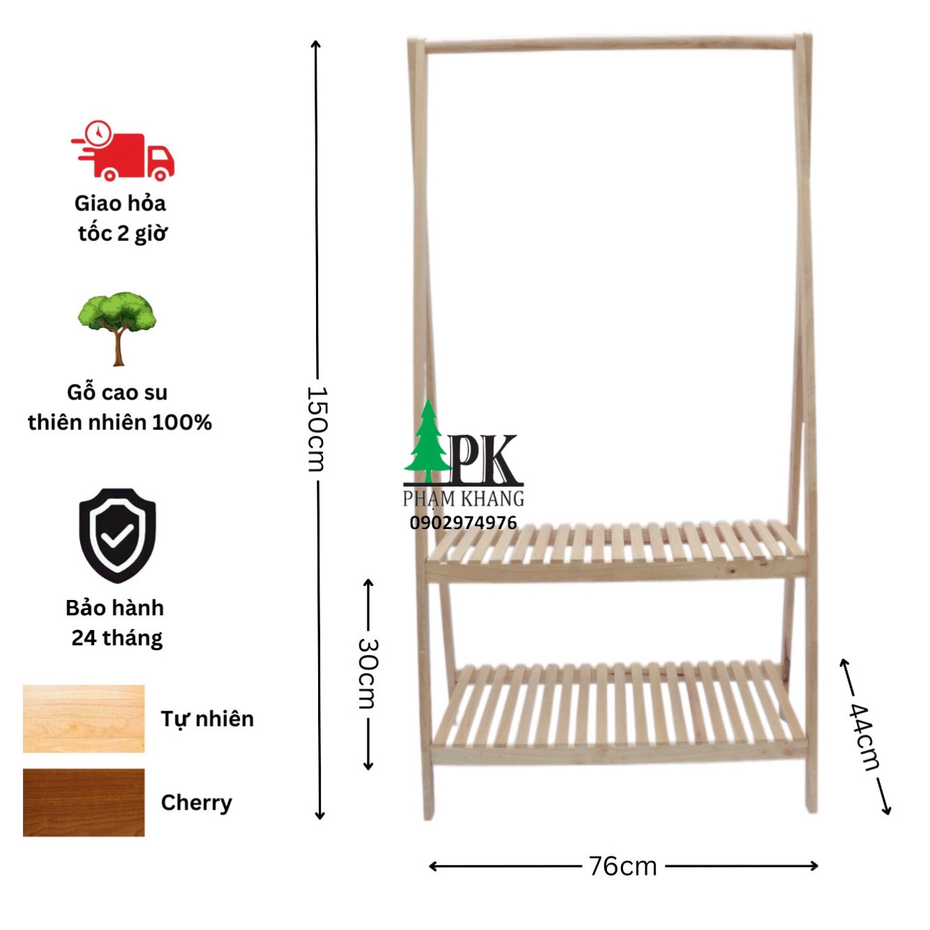 Kệ gỗ treo quần áo chữ A Phạm Khang 2 tầng rộng 80 cm màu tự nhiên