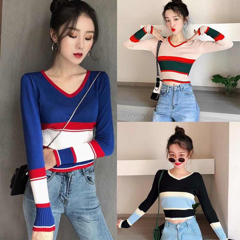 Áo len nữ tay dài cổ chữ V thời trang Hàn Quốc