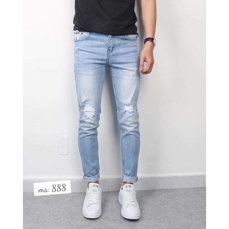 Quần Jean Nam Chất Bò AC888 Xanh Wash Rách Cao Cấp Trẻ Trung Cá Tính