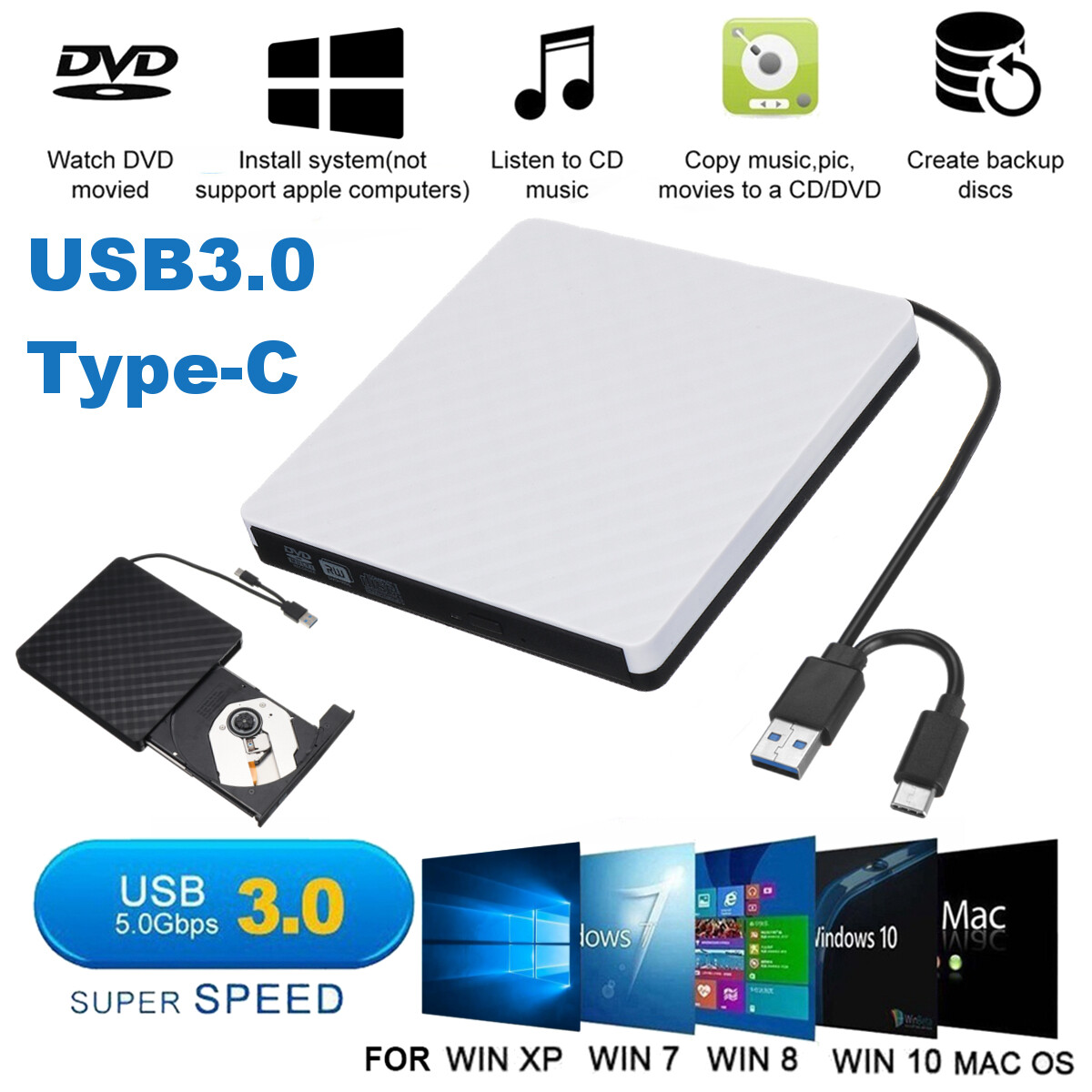 Ổ ĐĨA DVD RW CẮM NGOÀI CHO LATOP DESTOP OS  ĐỜI MỚI 3.0 Hỗ trợ cổng Type C