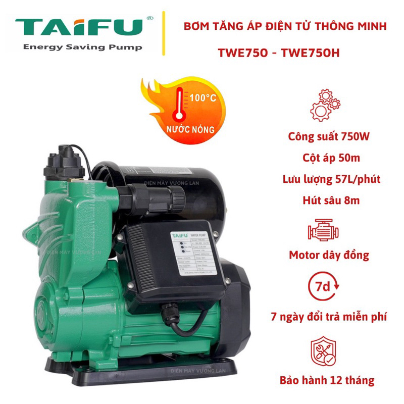 Bơm tăng áp điện tử 750W nước nóng và lạnh, chống cạn, chống cháy thông minh thế hệ mới TAIFU - Bảo hành 1 năm