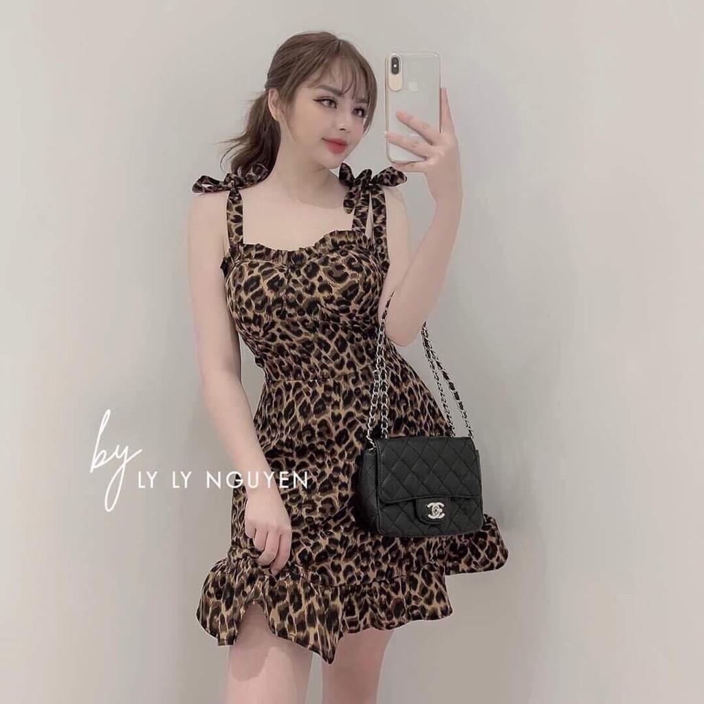 Đầm xoè 2s cột nơ hoạ tiết da beo kèm mút