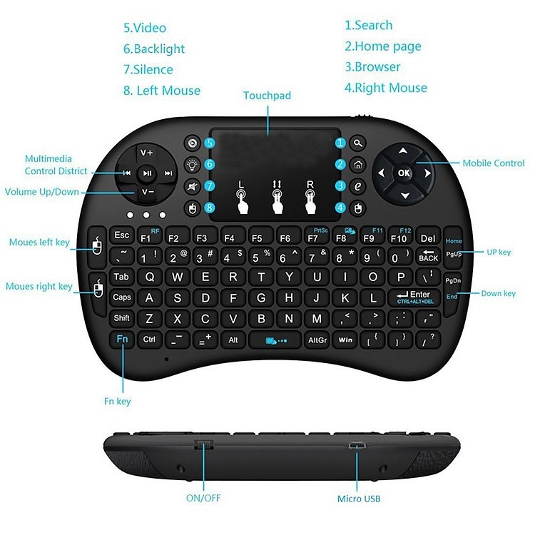 Bàn phím mini dùng pin rời chống chai pin đa năng có touchpad Mini Keyboard