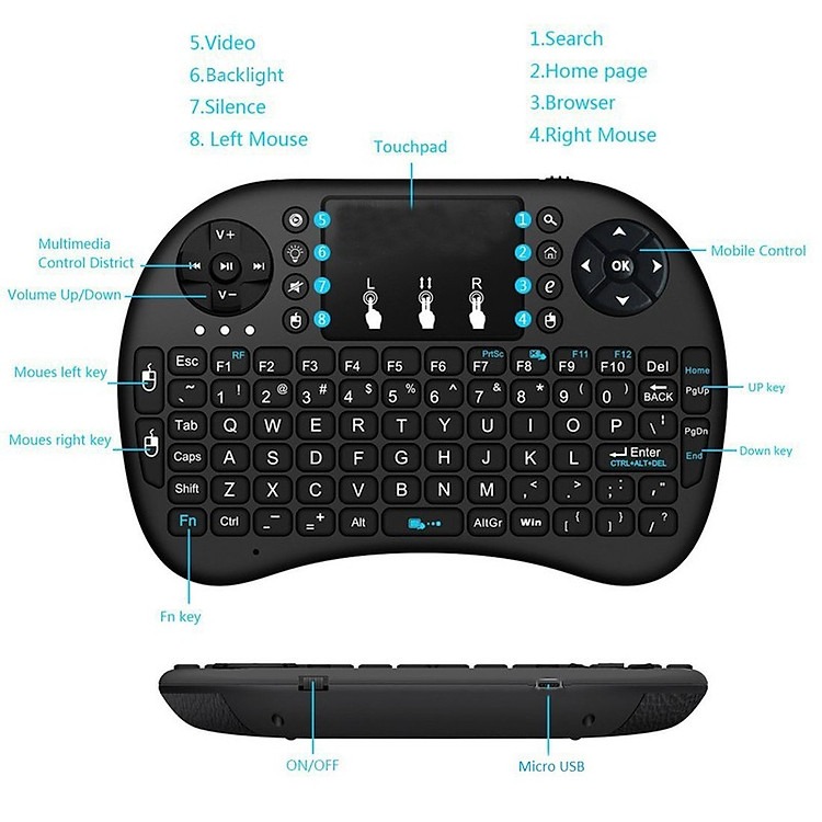 Bàn phím mini dùng pin rời chống chai pin đa năng có touchpad Mini Keyboard - Hàng nhập khẩu