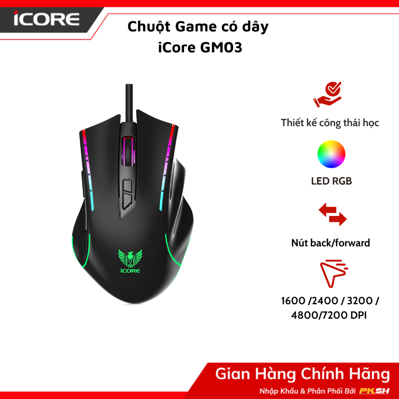Chuột Game Có Dây iCore GM03 - LED 7 Màu, DPI 7200, Giá Tốt - Hàng chính hãng