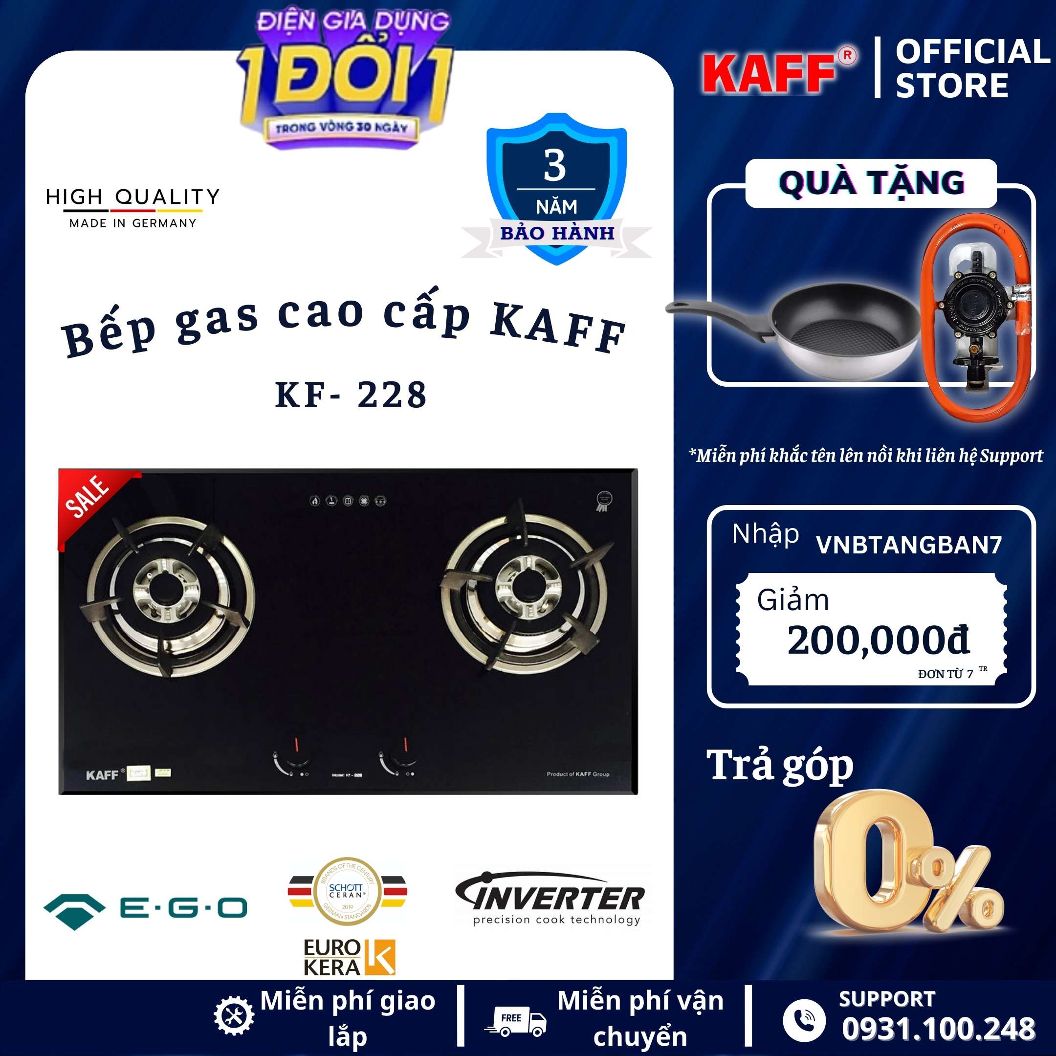 Bộ Bếp ga âm KAFF KF- 228 bao gồm: Bếp ga + chảo chống dính cao cấp + bộ van ga - Hàng chính hãng