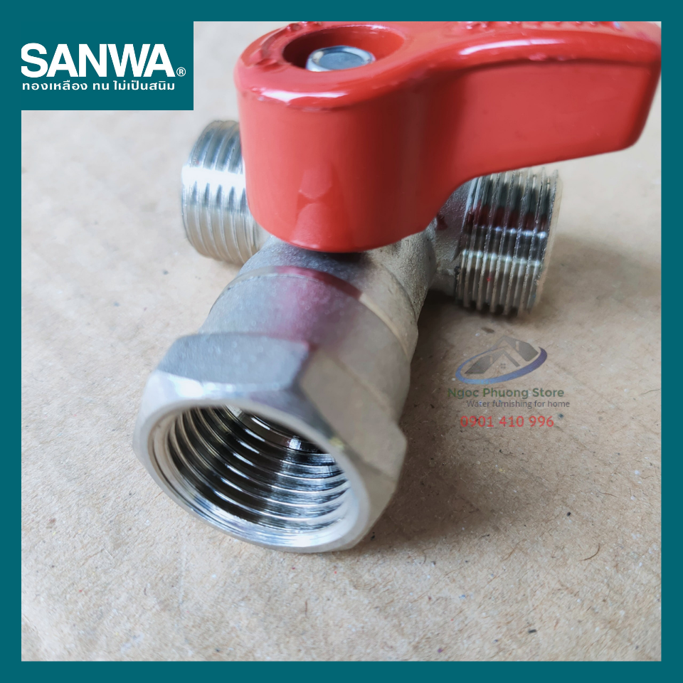 Van bi chia 3 đường nước 2 ren ngoài, 1 ren trong Sanwa THÁI LAN Phi 21mm