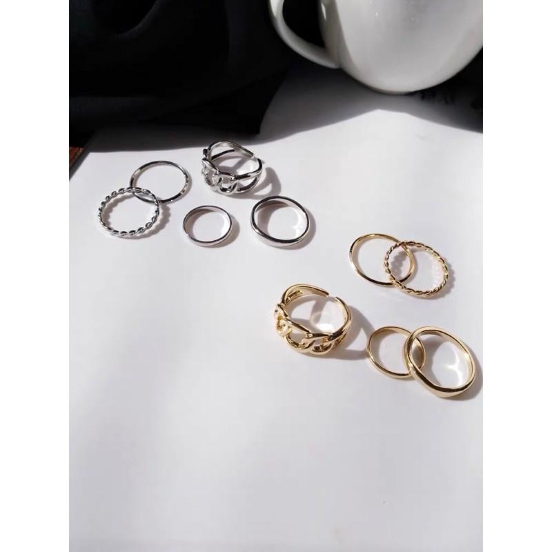 R003 Set 5 Nhẫn Nữ Dây Xích Cá Tính Màu Vàng Bạc Đẹp Ring House