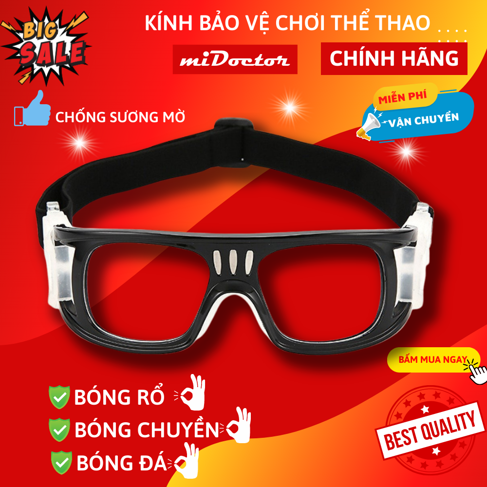 Kính Bảo Vệ Chơi Thể Thao, Bóng Rổ, Bóng Đá Chống Sương Mù Cao Cấp - Có Thể Lắp Mắt Kính Cận - Hãng miDoctor - Màu Xám