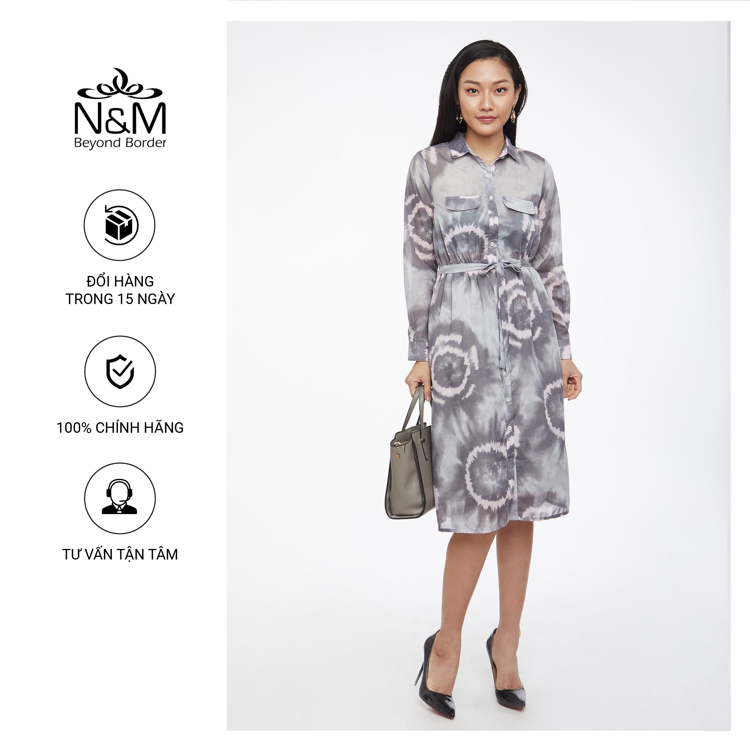 Đầm Nữ tay dài cổ bẻ dáng suông họa tiết nổi bật  N&amp;M mã 1906062
