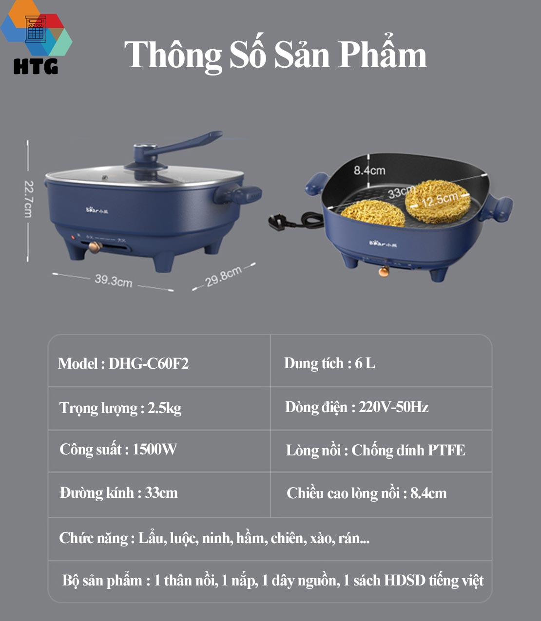 Nồi lẩu điện đa năng 6 lít Bear DHG-C60F2 thanh gạt thế hệ mới, chế độ tự ngắt khi hết nước, 3 mức nhiệt tiện lợi, hàng chính hãng