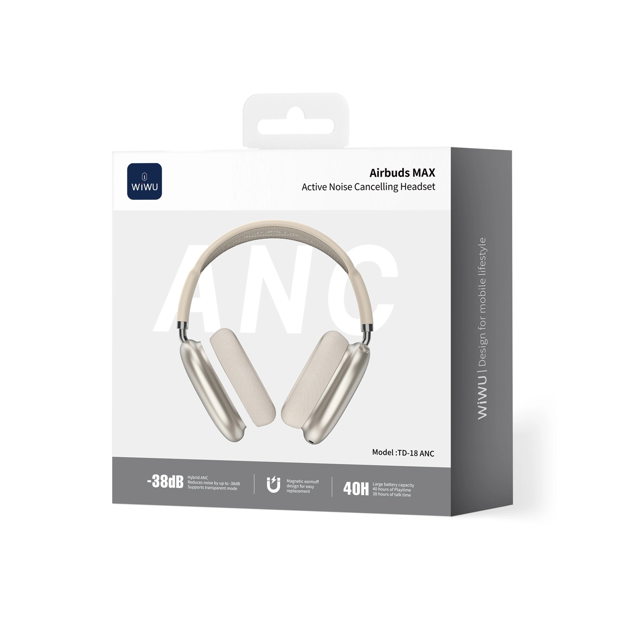 Tai nghe chống ồn chủ động SonicMax ANC cao cấp WIWU Airbuds MAX TD-18 -38dB | Driver 40mm | Pin 40 Giờ | Earcups Xoay | Headband Thoáng Khí - hàng nhập khẩu