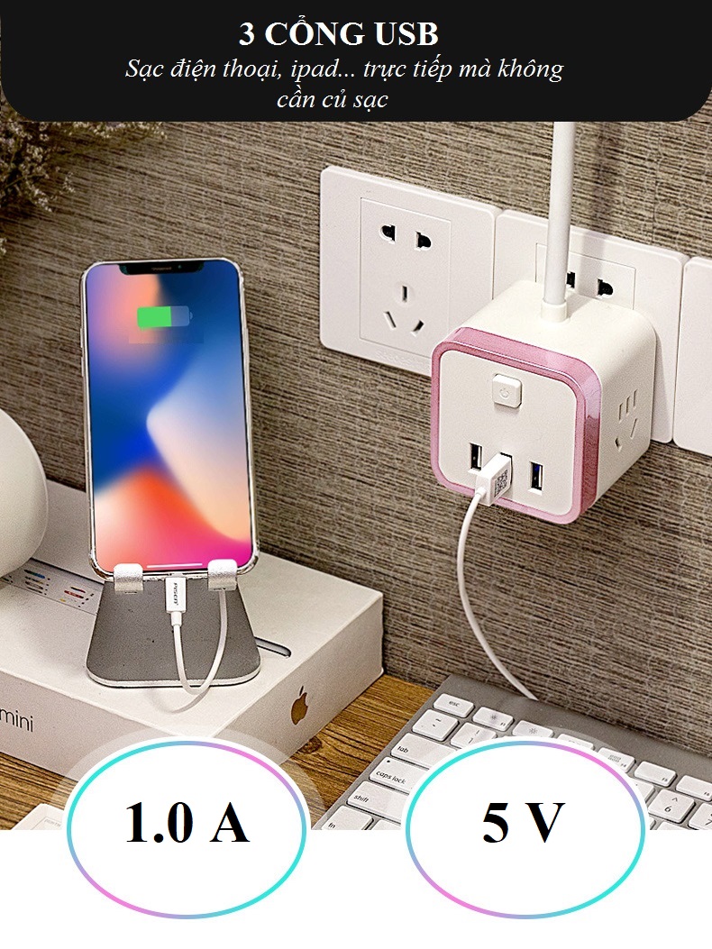 Ổ cắm đa năng hình khối Rubik Tích Hợp Đèn Ngủ Và Ổ Cắm USB