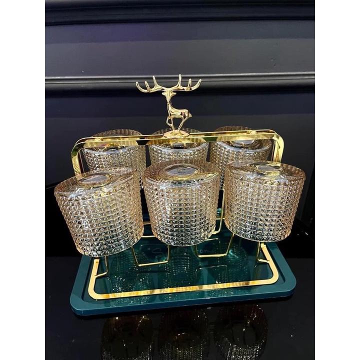 BỘ 6 CỐC THỦY TINH ĐẾ LỒI XOAY 360 ĐỘ PHONG CÁCH CHÂU ÂU SANG TRỌNG MÀU VÀNG GOLD