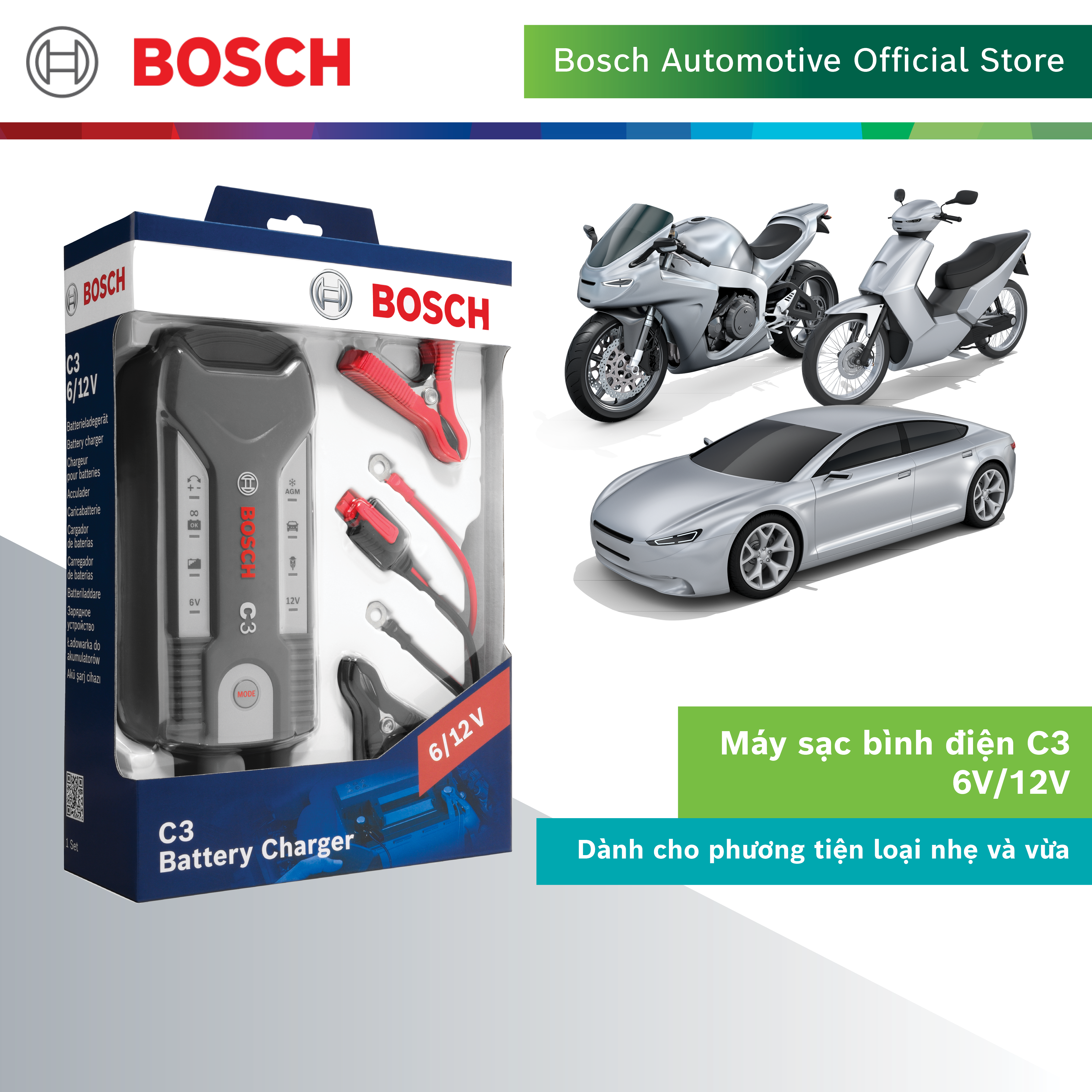 Máy sạc bình ắc quy cho ô tô xe máy Bosch C3 - Hàng chính hãng