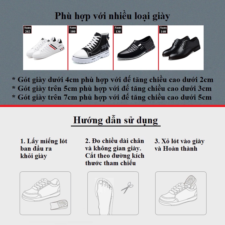 Lót giày tăng chiều cao nam nữ Sans921 cặp miếng độn giầy nâng đế 2cm 3cm 4cm 5cm cả nửa bàn