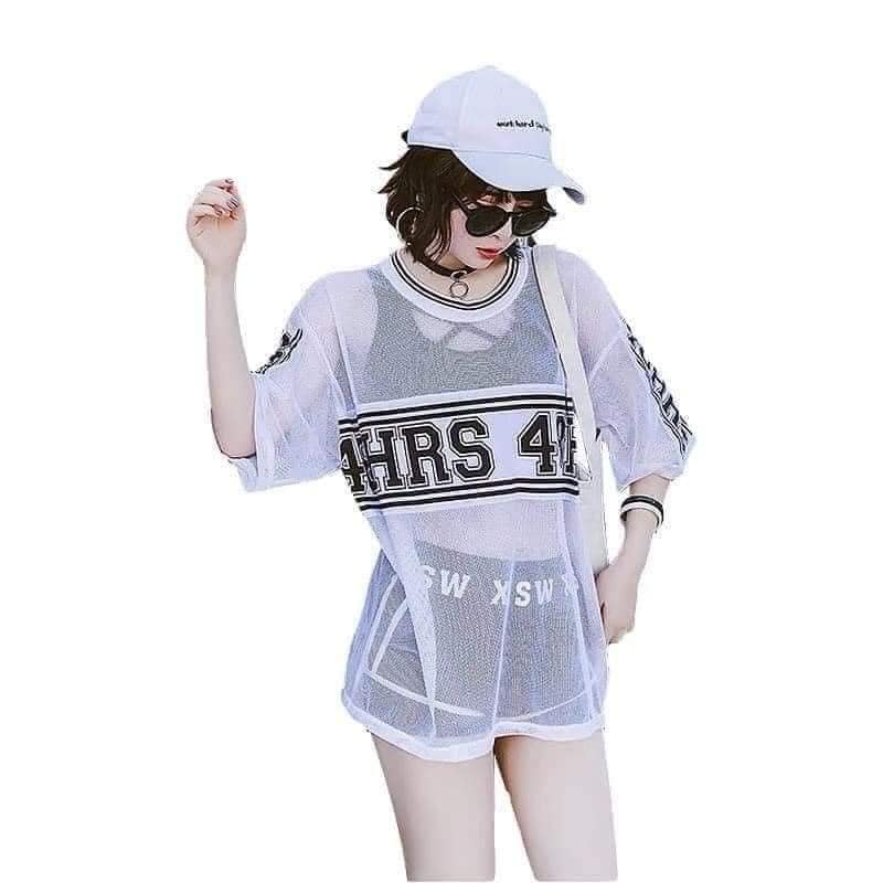 Bộ bikini 3 món áo lưới ngoài in chữ sang chảnh