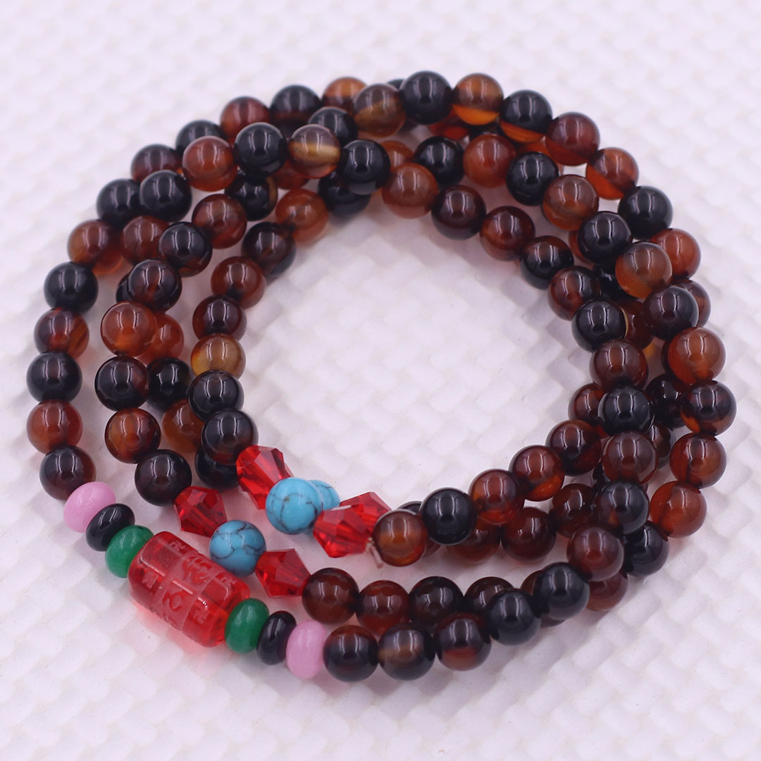 Vòng chuỗi 108 hạt đá thạch anh nâu charm lục tự kim ngôn - hạt 8 ly , vòng chuỗi niệm Phật, vòng chuỗi đeo tay