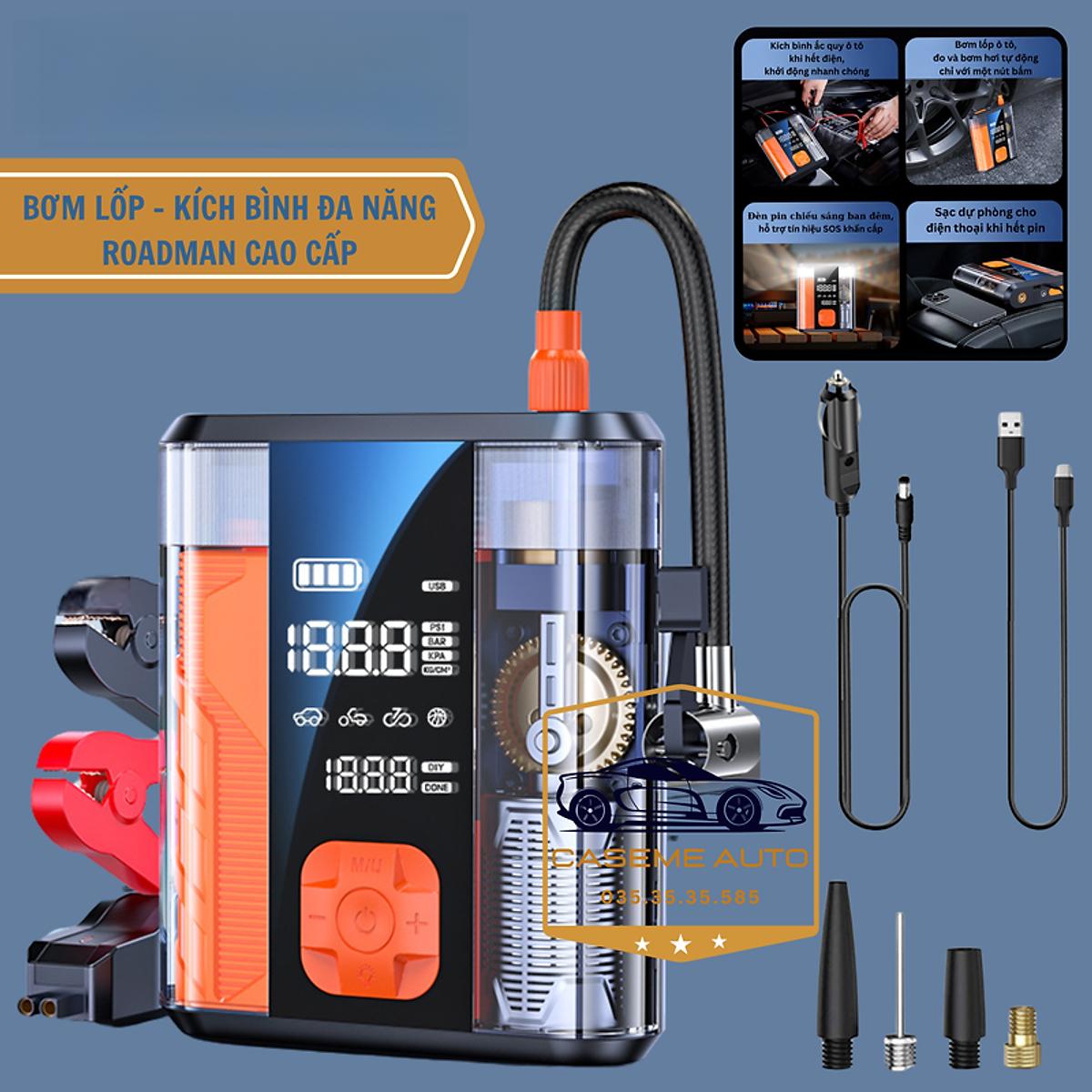 Bơm Lốp Ô Tô Kiêm Kích Bình Ắc Quy Roadman 8800mAh – Bơm Hơi Ô Tô Xe Máy, Cứu Hộ Khẩn Cấp, Sạc Pin USB, Màn Hình LED