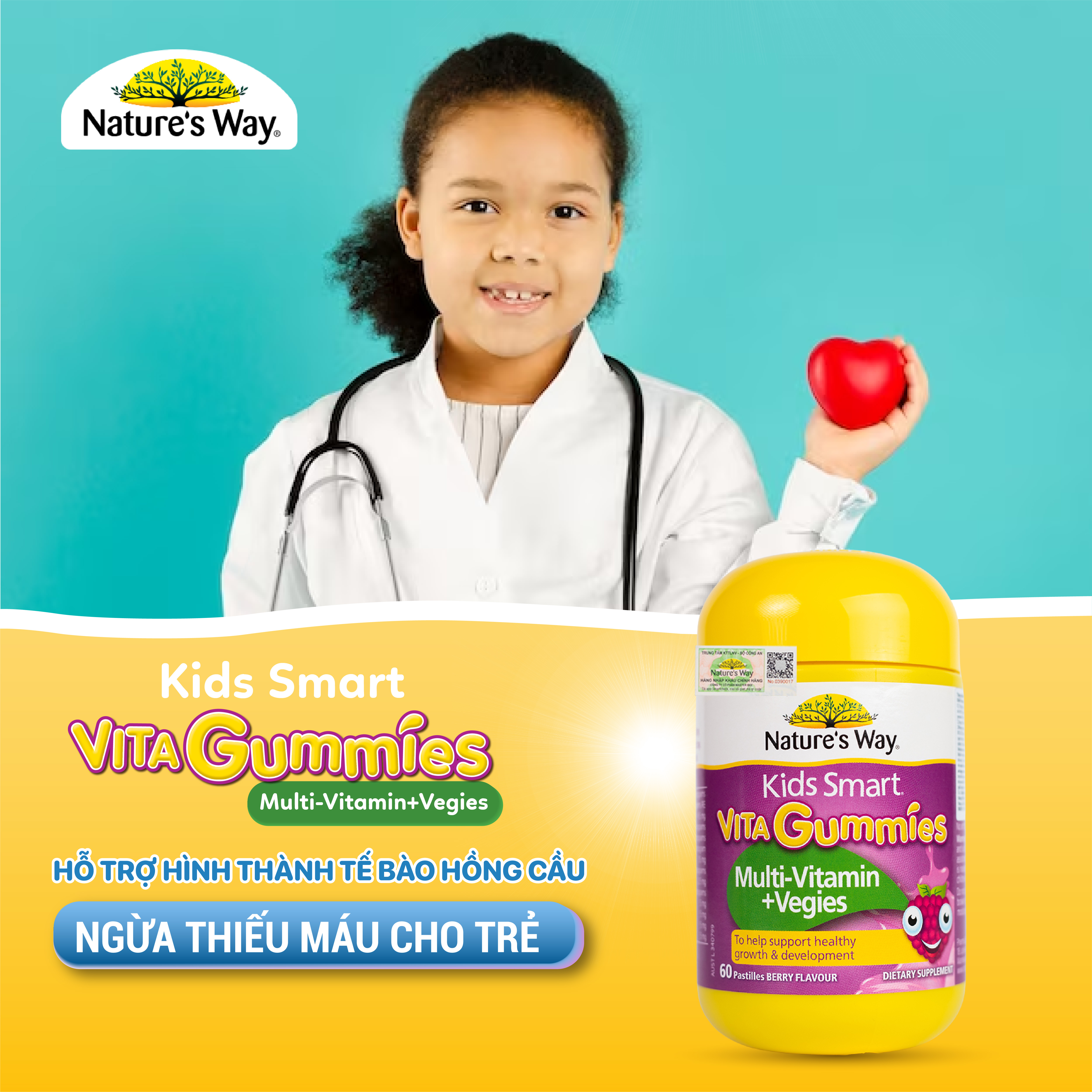 Kẹo Dẻo Vi Chất Vitamin Cho Bé Nature's Way Vita Gummies MultiVitamin+Vegies Bổ Sung Vitamin Và Chất Xơ Cho Bé Hộp 60v