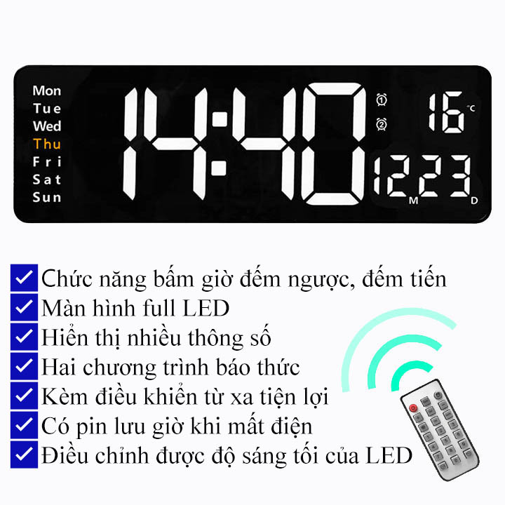 Đồng Hồ Báo Thức Điện Tử Treo Tường Led 3D Điều Khiển Tử Xa V3, Có Chức Năng Bấm Giờ Đếm Ngược, Đếm Tiến