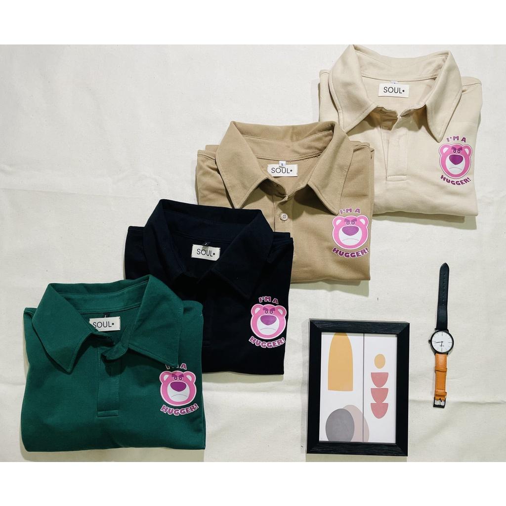 Áo thun polo gấu dâu Soul Lotso Hugger, Áo thun có cổ unisex nam nữ oversized tay lỡ form rộng streetwear