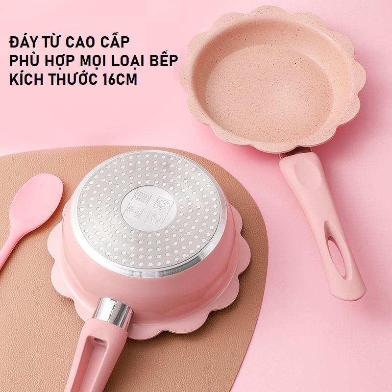 Bộ Nồi Chảo Ăn Dặm Cho Bé, Chảo Men Đá 12 Cánh Chống Dính 16cm ( Tặng Kèm Xửng Hấp + Thìa )