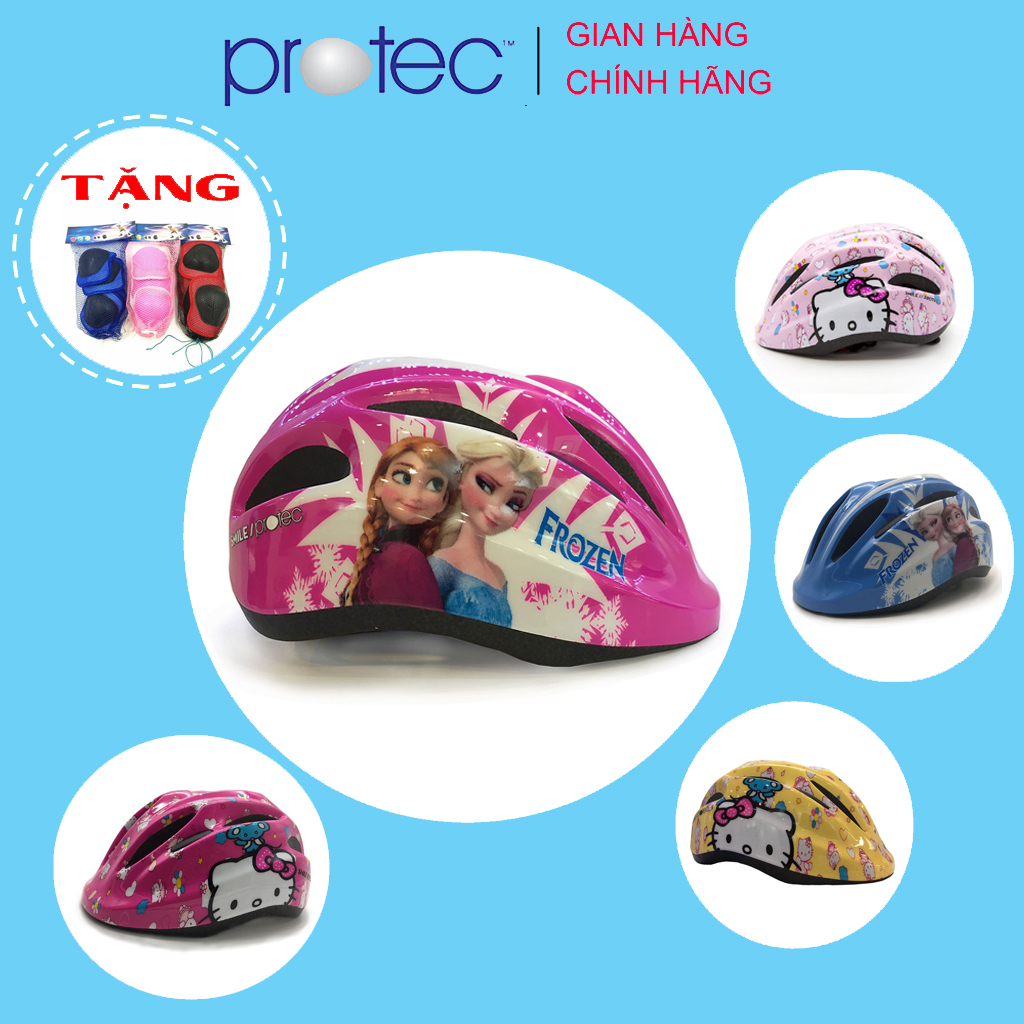 Nón bảo hiểm xe đạp trẻ em Protec SMILE cho bé gái, họa tiết đáng yêu, năng động, có đèn hậu an toàn- Hàng chính hãng - FROZEN Hồng - size S