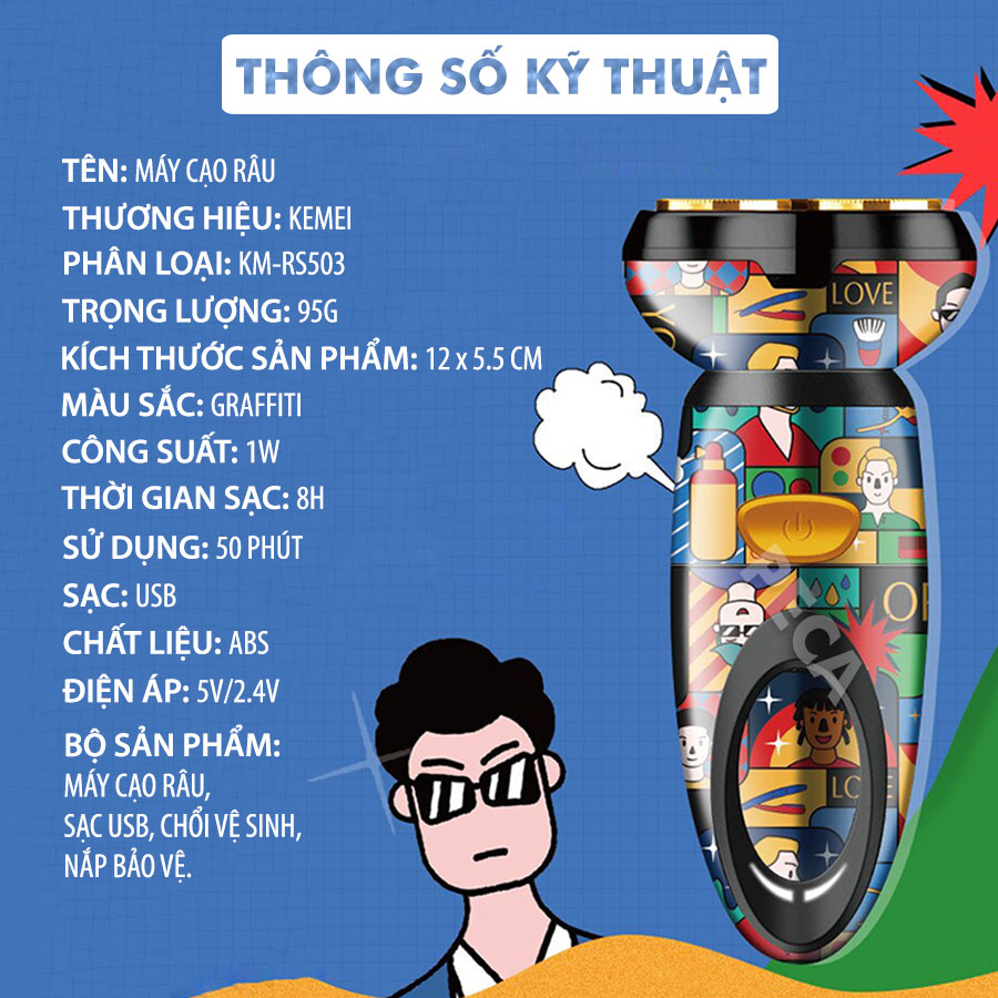 Máy cao râu KEMEI KM-RS503 lưỡi kép 4D thiết kế vỏ bọc sang trọng màu sắc TREND GRAFFITI phiên bản mini cá tính, sử dụng sạc USB tiện lợi - phân phối chính hãng