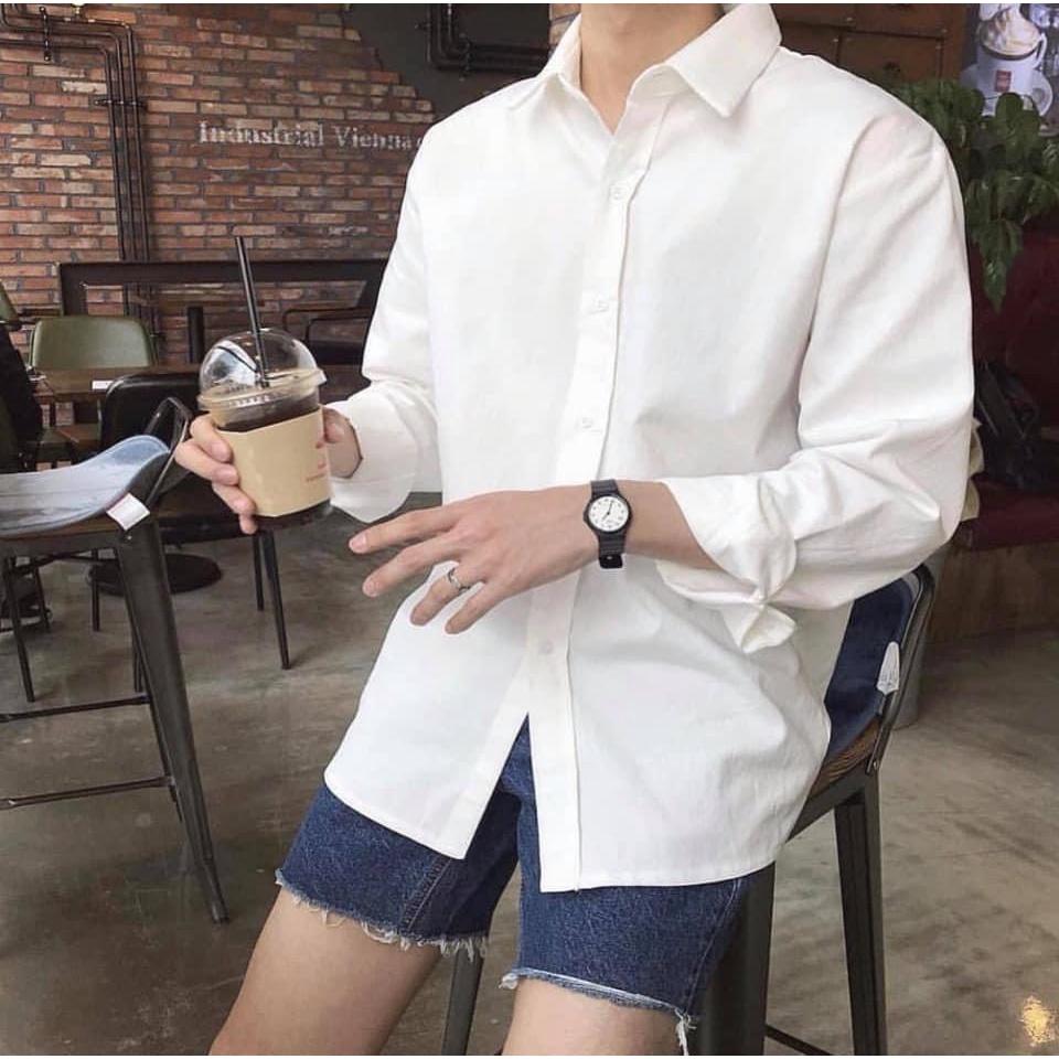 Áo Sơ Mi Trơn thun Dầy Dặn Tay Dài Nam Cho Tomboy Trắng Đen Form Rộng Bigsize Unisex Cao Cấp Đi Học Công Sở Nguyễn Nguyên