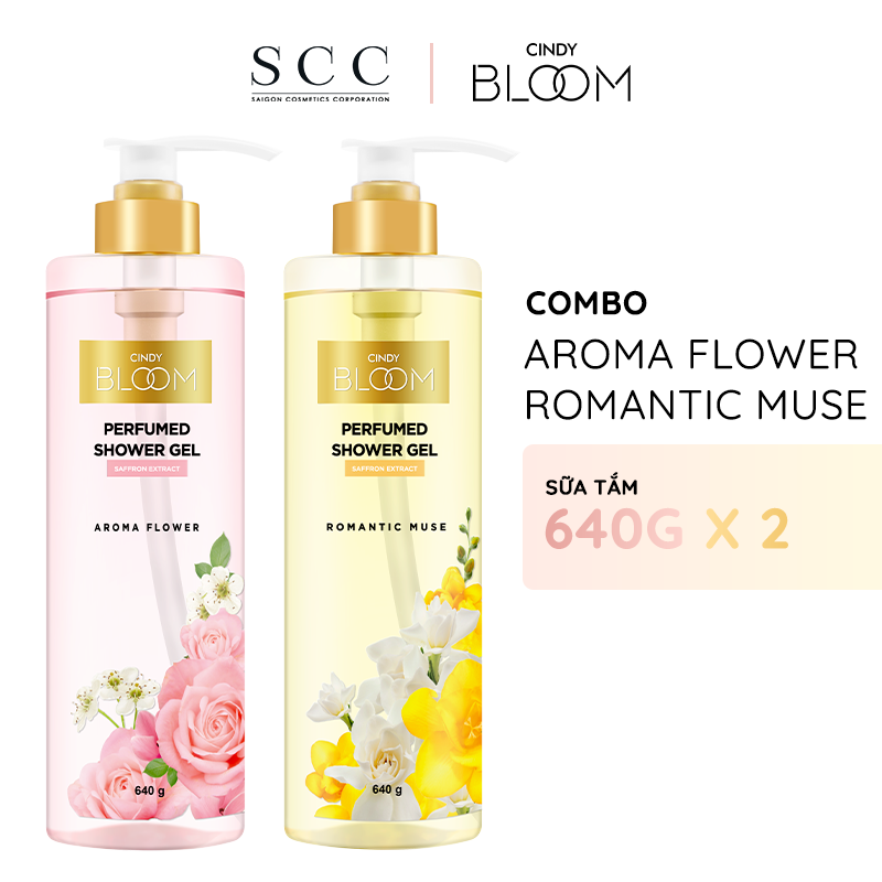 Combo sữa tắm nước hoa Cindy Bloom Aroma Flower mùi hương ngọt ngào nữ tính + Romantic Muse quyến rũ lãng mạn 640g