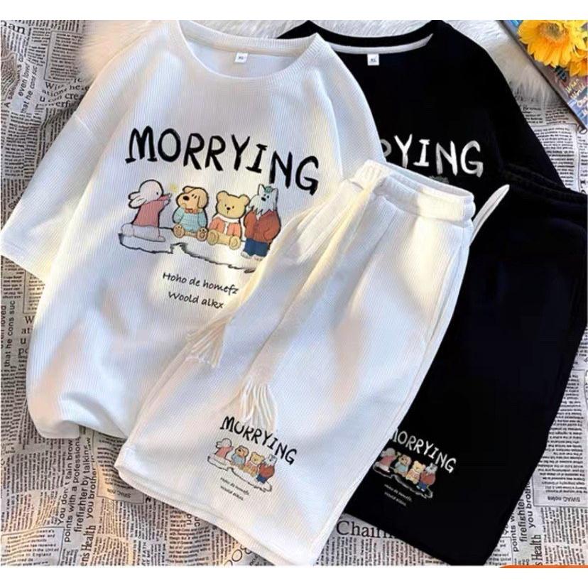 Bộ quần áo xốp MORRYING nam nữ cộc tay chất cotton xốp thái mềm mịn thoáng mát mặc nhà đi chơi phong cách hot 2023