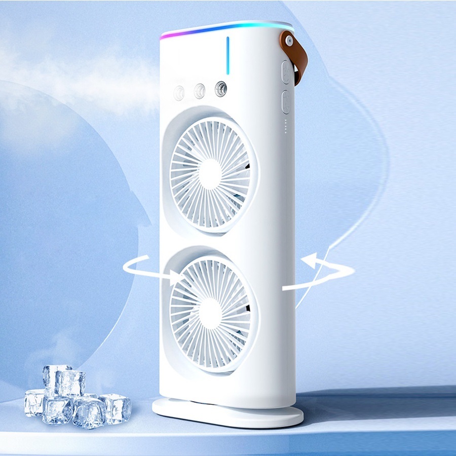 Quạt Phun Sương, Quạt Hơi Nước 2 Tầng Có Remote , Quạt Tích Điện, Đèn Led, Quạt Để Bàn Mini Làm Mát Và Tạo Ẩm Không Khí - Hàng Nhập Khẩu