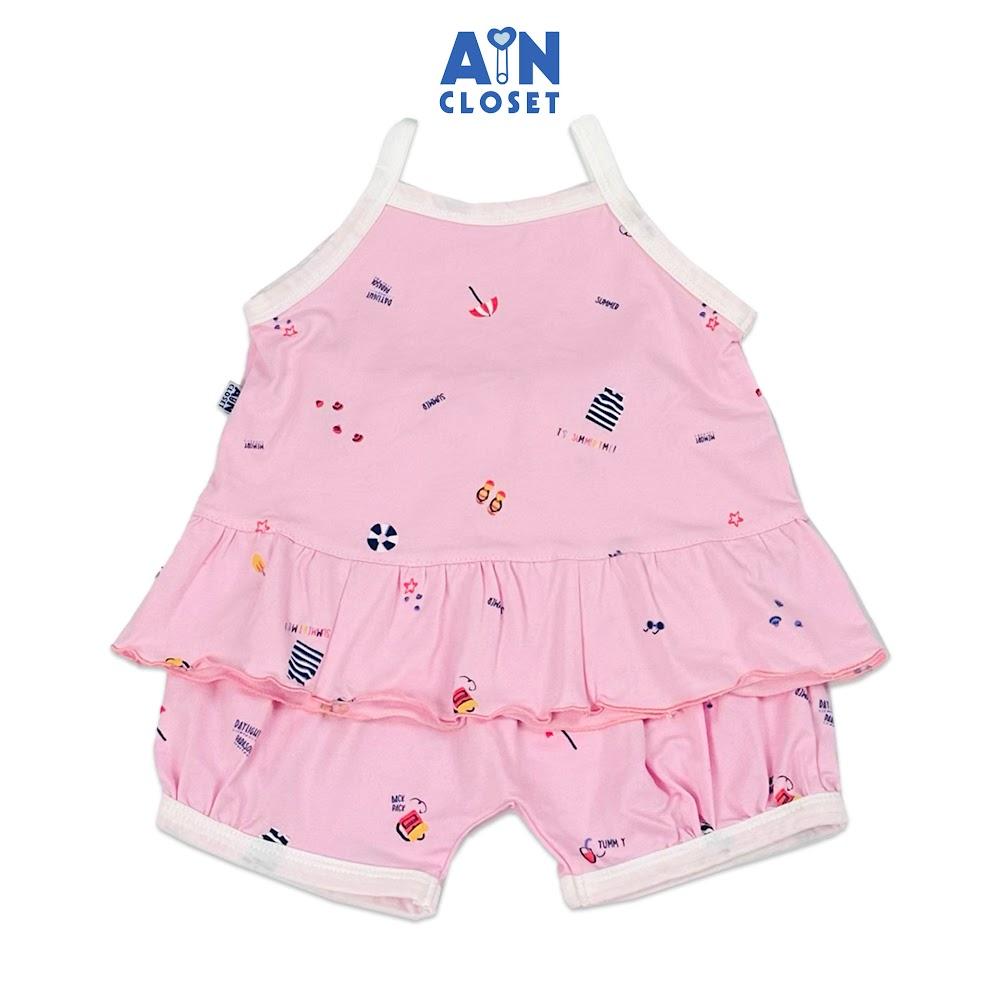 Bộ quần áo Ngắn bé gái họa tiết Bãi Biển Hồng thun cotton - AICDBGGWQCZA - AIN Closet
