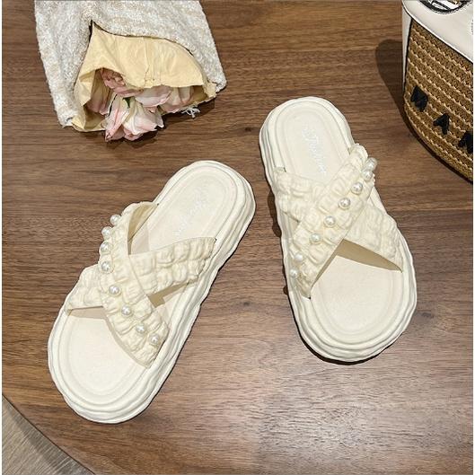 Dép Lê Quai Chéo Đính Ngọc Chống Nước Đế Bánh Mì Cao 4cm G173