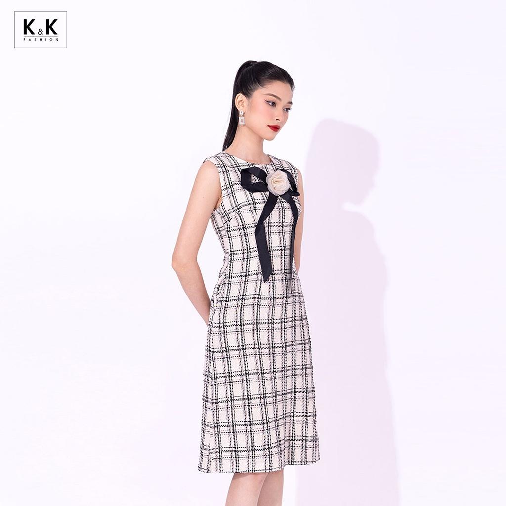 Đầm Dự Tiệc Caro Phối Hoa Nơ Ngực K&amp;K Fashion KK120-23 Chất Liệu Tweed Mỏng