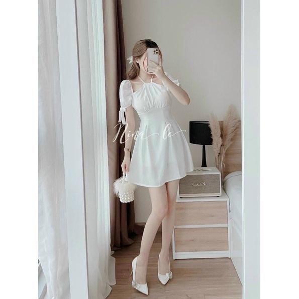 Đầm xoè cổ yếm tay phồng cột nơ dịu dàng nữ tính