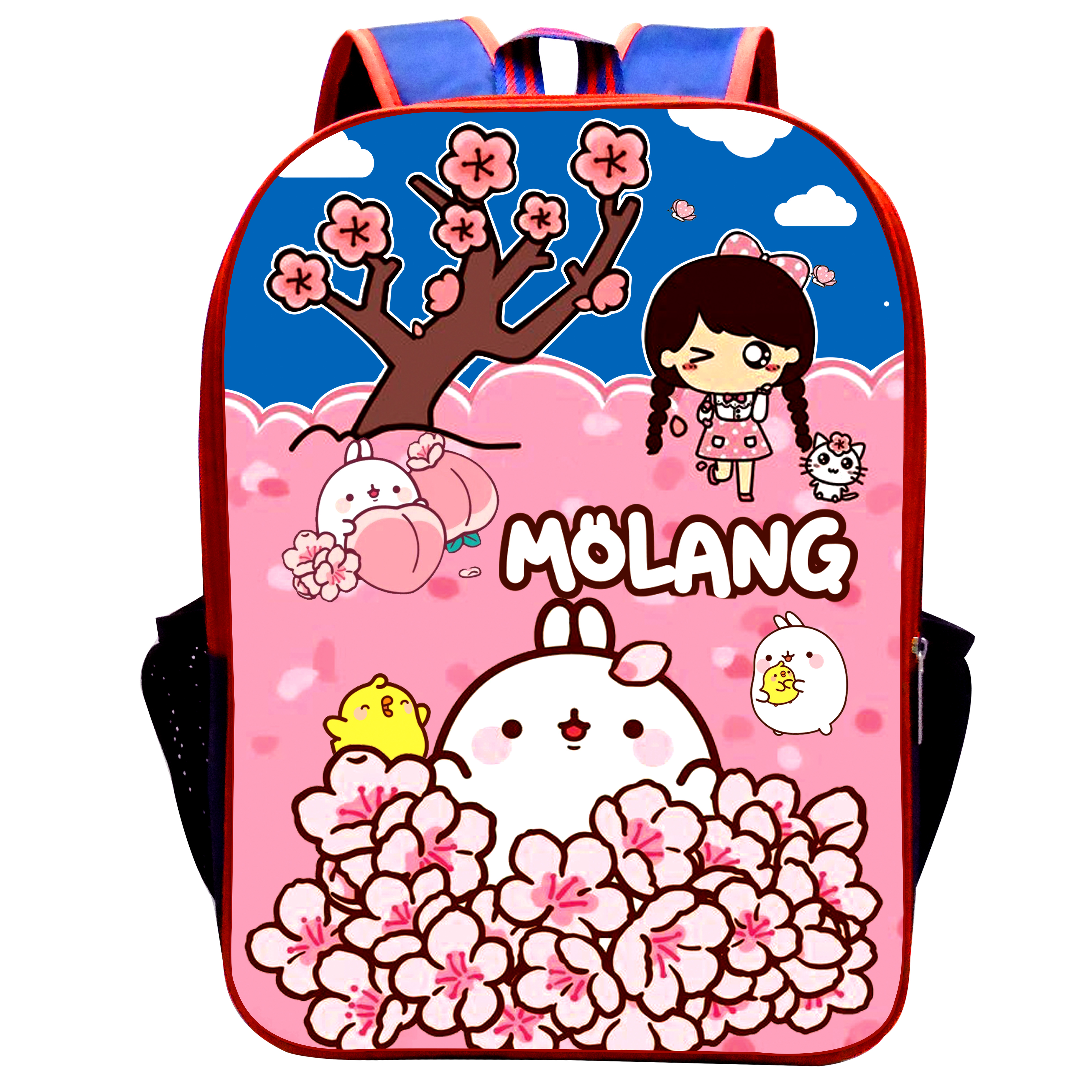 BALO HỌC SINH CẤP 1 BÉ GÁI MÀU XANH DƯƠNG VÀ ĐỎ HÌNH CHIBI MOLANNG MH2T105