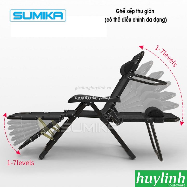 Ghế xếp thư giãn cao cấp SUMIKA 168 - Có thể ngã thành giường nằm, vải lưới Textilene thoáng khí, gối có thể tháo rời, tải trọng 300kg, khung ghế bằng thép không gỉ, đế chống trượt