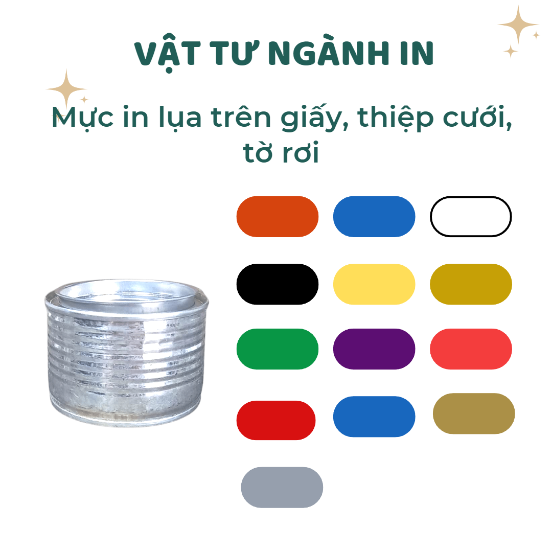 Mực in lụa trên giấy, tờ rơi, thiệp cưới, túi giấy, brochure, catalogue quảng cáo, hũ 100 gram